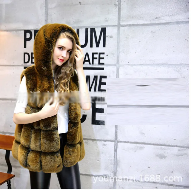 Женское пальто из искусственного меха, Осень-зима, модное повседневное теплое меховое пальто без рукавов с капюшоном, юбка из искусственного лисьего меха, женский меховой жилет - Цвет: Хаки