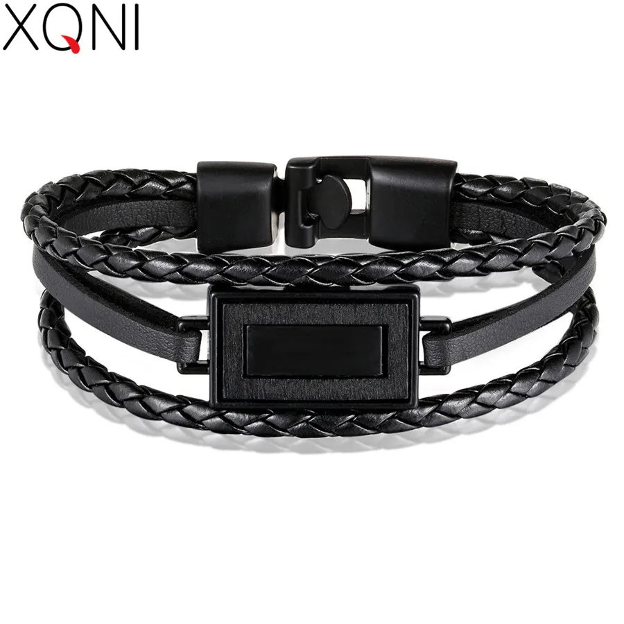 

XQNI Rectangle Combination Weaved PU Leather Bracelet For Men Multi-layer Braided Rope Chain Low Price Father's Day Jewelry Gift