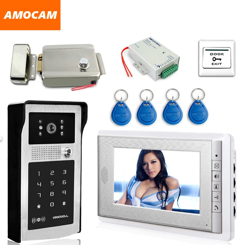 7\ Video Doorbell System Video Door Phone Intercom Kits Aluminum Alloy Password keypad, RFID Card +Electronic Door Lock+Power