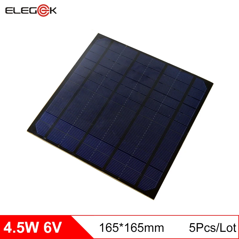 

ELEGEEK 5 pieces 4.5W Mono Solar Cell Panel Battery 750mA DIY Solar Panel Module 6V for Mini Solar System Test PET 165*165mm