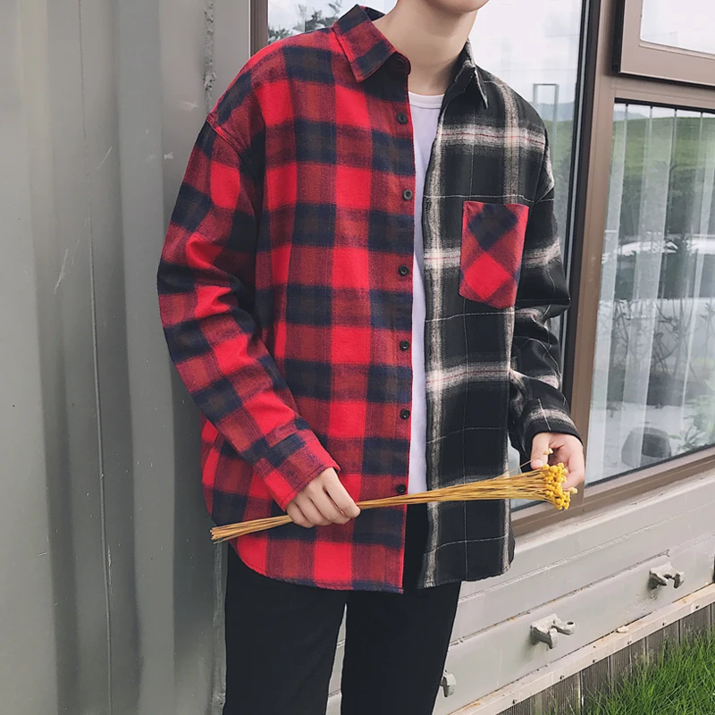 

2017 Fall Two Colors Stitching of the Men's Casual Fashion Grid Designed with Loose long-sleeved cotton keep warm men's Shirts