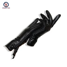 Новая весна Зимняя мода сплошной черный цвет женщины перчатки зима теплая дамы пух лук перчатки из натуральной кожи мягкая женщина перчатки