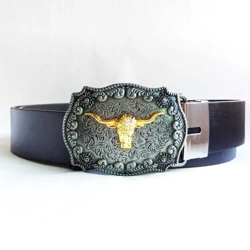 T Disom High Quality Bull belt buckle with gold and pewter finish For Men Buckles Along With PU