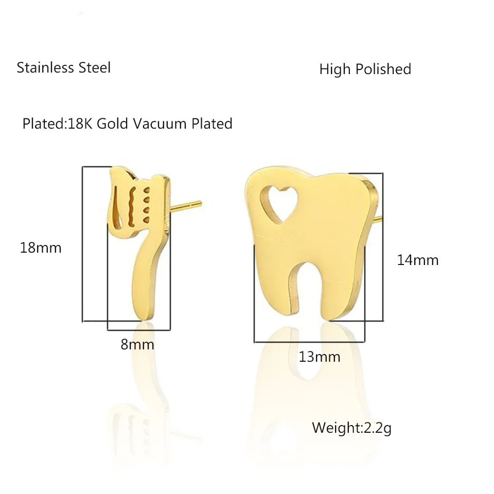 Серьги-гвоздики RIR из нержавеющей стали, милые золотые серьги-гвоздики для стоматолога, минималистичные ювелирные изделия для зубной щетки, серьги для мужчин и женщин