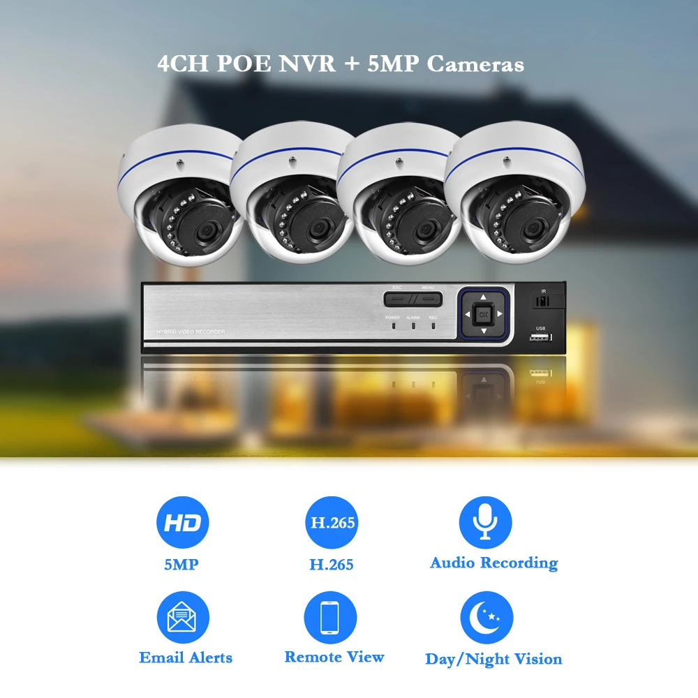 AZISHN H.265 5MP POE CCTV система безопасности 5.0MP NVR Взрывозащищенная аудио ip-камера P2P Onvif ИК ночного наружного наблюдения комплект