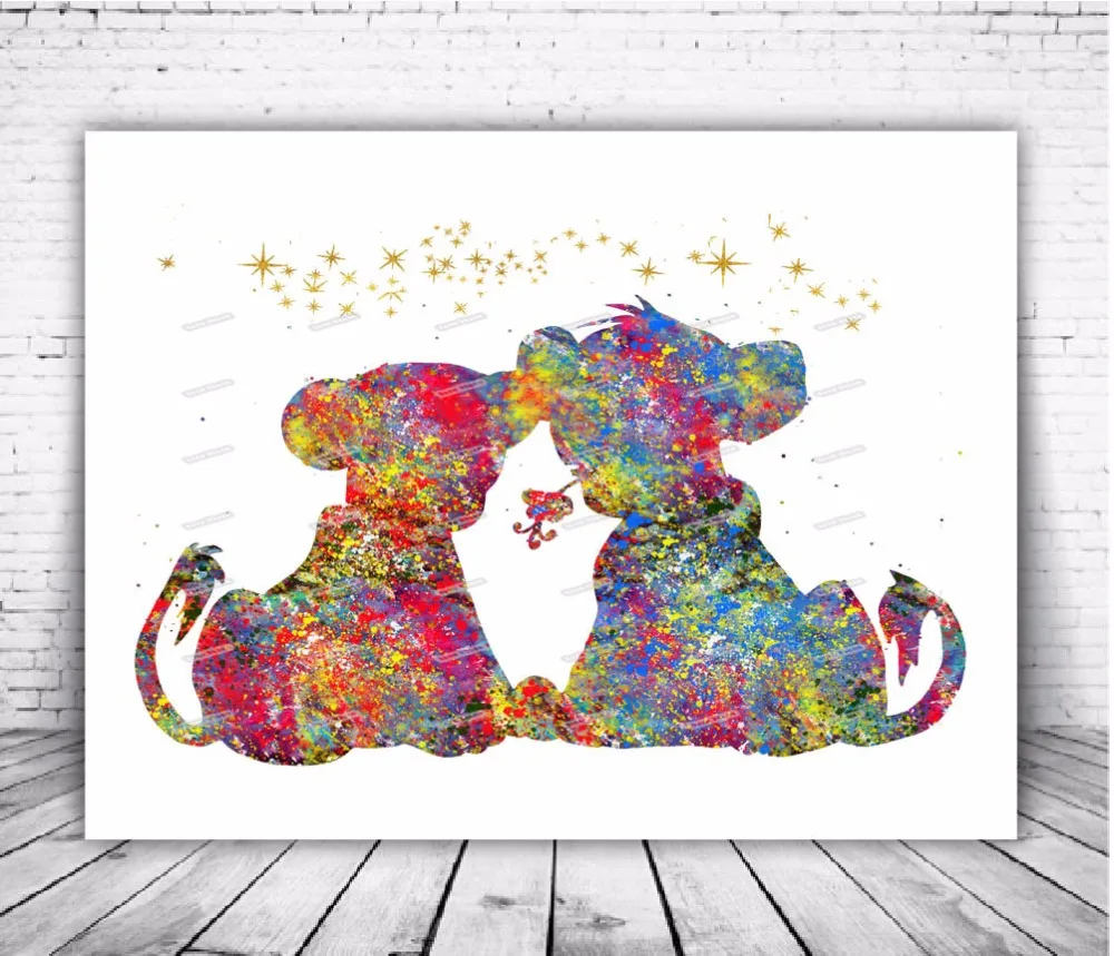 

Original Watercolor The Lion King Nala & Simba poster prints Pictures canvas painting Nursery wall art Kids Room Home Decoration