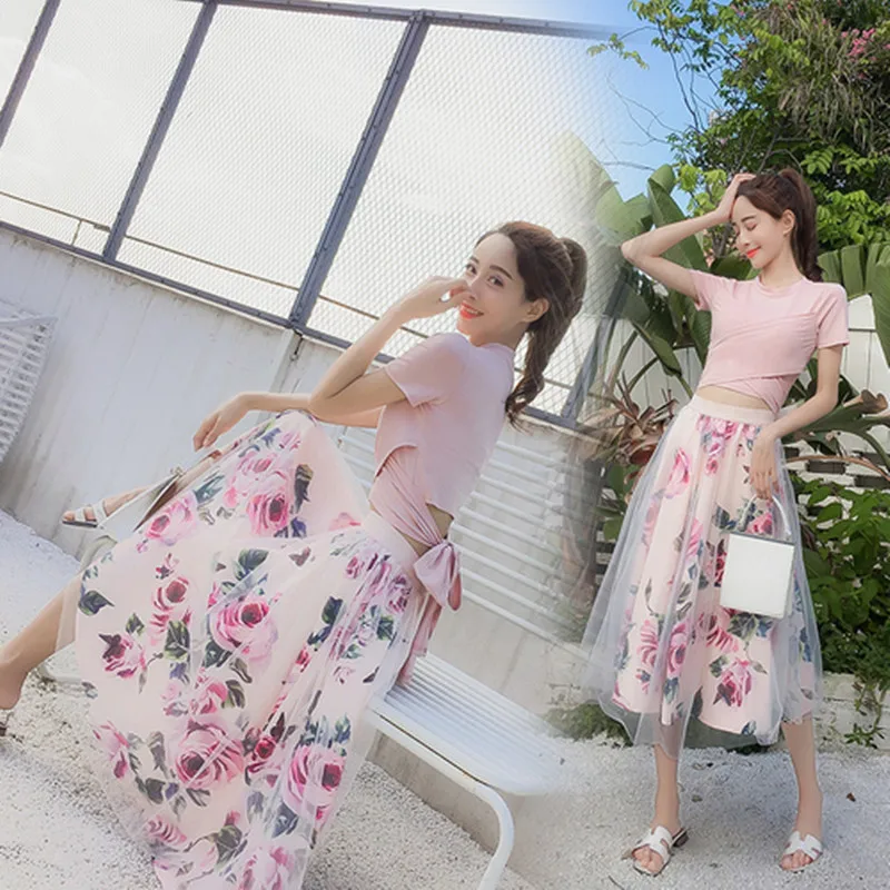 

New 2019 Women Irregular Bowknot Solid T Shirt Tops+Mesh Skirts Suits Vintage Floral Skirt Sets for Elegant Woman 2 Piece Set