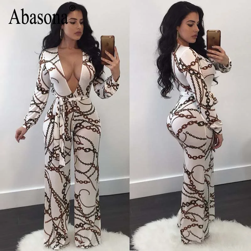 Absaona Women Rompers Jumpsuits Chain Printed Vintage Wide Leg Jumpsuit Bow Sashes Women Overalls Long Sleeve Party Club Pants