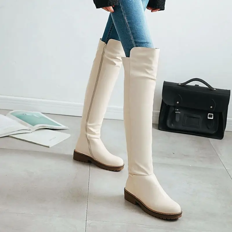 TAOFFEN Women Over The Knee Boots Hot Sale Daily Fashion White Boots Zipper Flats Shoes Woman Female Footwear Size 34-43