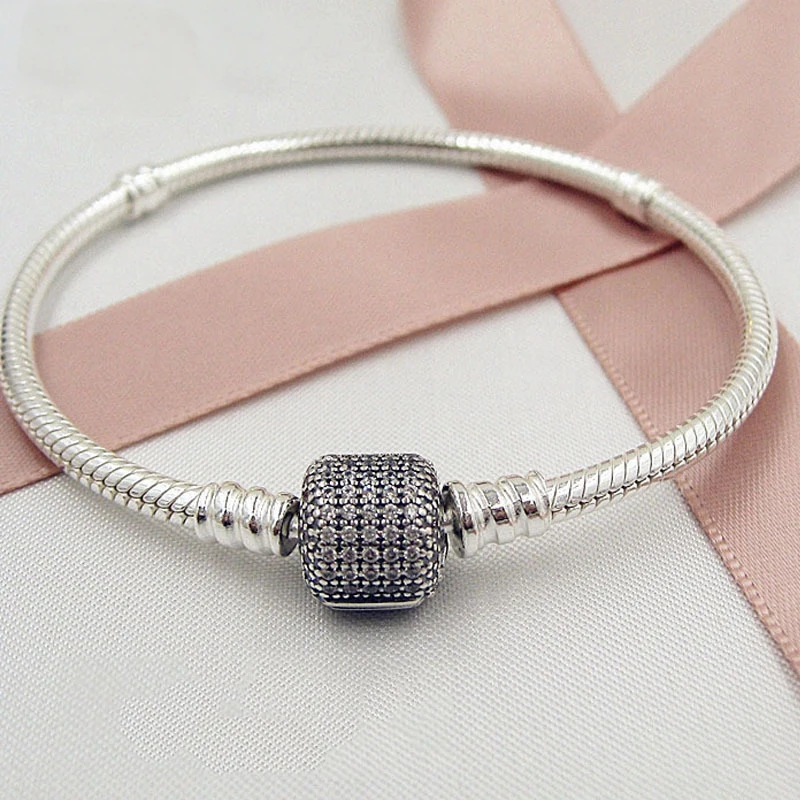 

High Quality real 100% 925 Silver Signature Clasp Bracelet, Fancy Silver CZ &Clear CZ for Women Fit Original Beads Charm W/logo