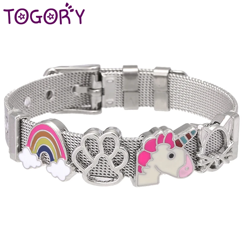 

TOGORY Fashion Stainless Steel Keeper Charms Bracelets Mesh Strap Rainbow & Unicorn Rose Gold Fine Bracelets For Women Gift