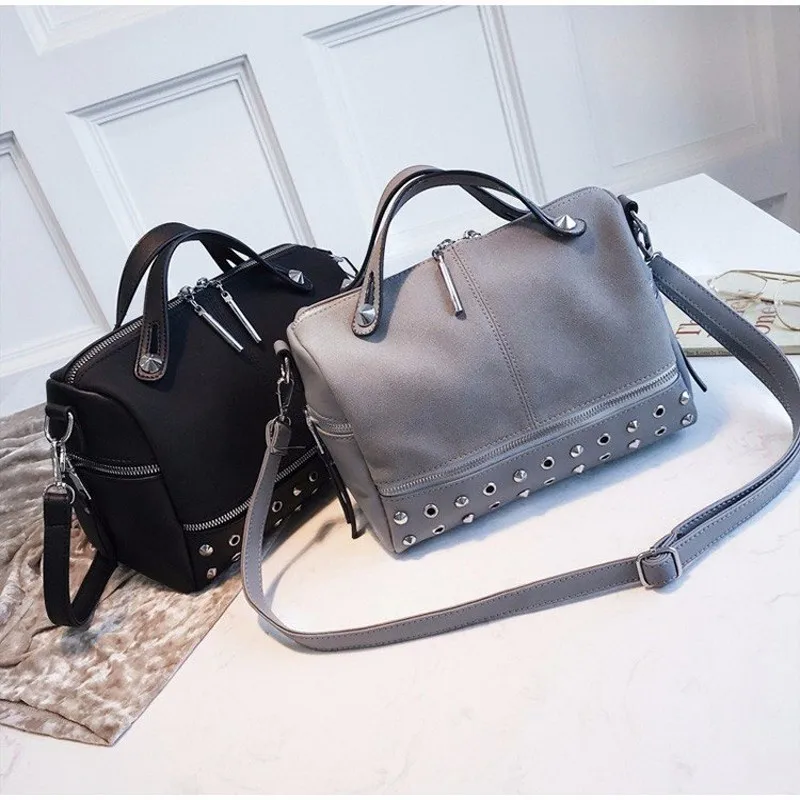 

Nubuck Leather PU Handbag Browm Rivet European and American style Vintage Bag for Women 2018 Winter or Autumn Black Pillow Pack