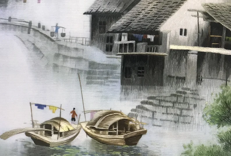 Business gifts Handmade Mulberry Silk Thread Finished Suzhou Embroidery not include frame,water town 30*35cm
