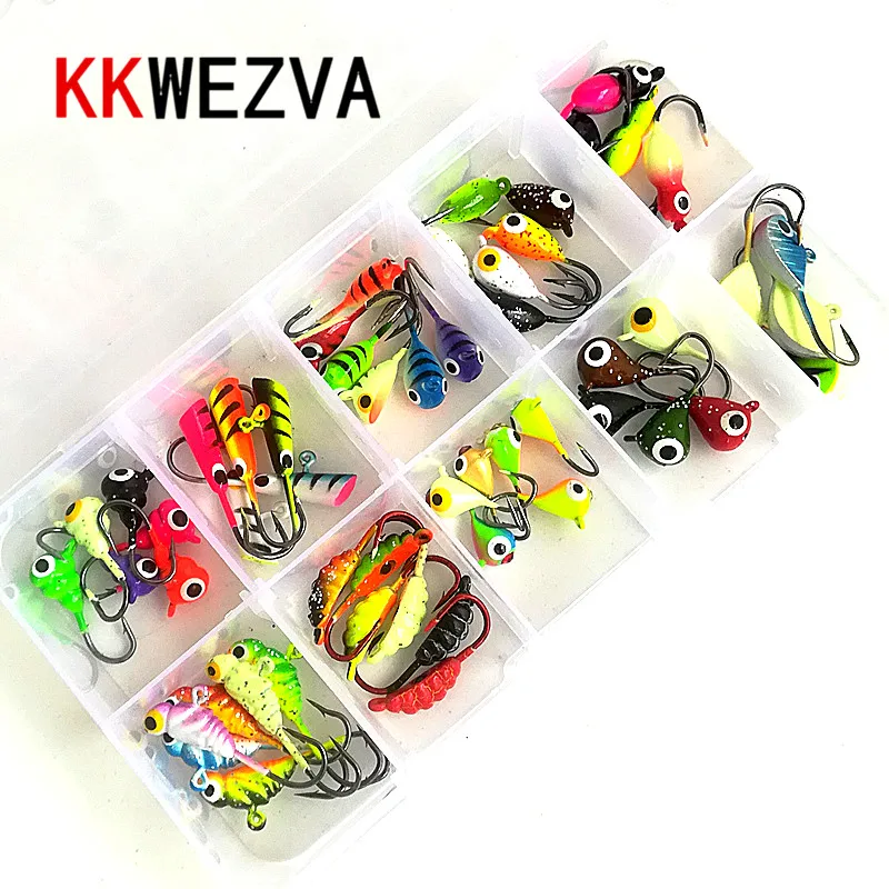 Kunids kwezva 54 piezas y cajas señuelo de Pesca de invierno anzuelos de Pesca de hielo cebo duro Pesca Tackle Isca cebo Artificial Crankbait Swimbait