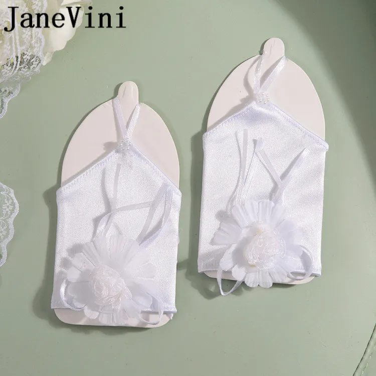 JaneVini/2019 детские белые кружевные перчатки для свадебной вечеринки, без пальцев, цветочные женские перчатки, короткие детские перчатки для