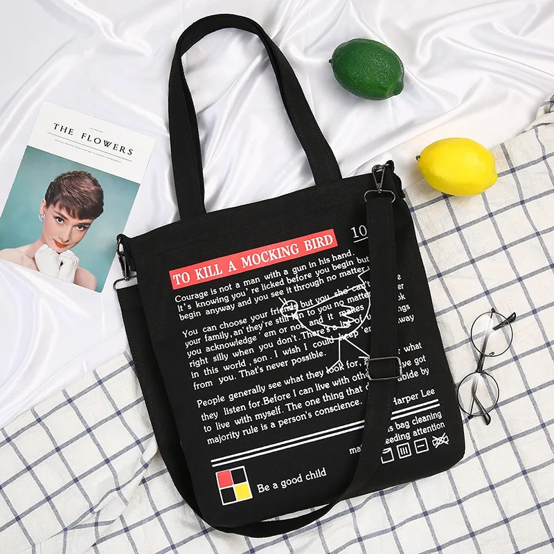 Tanie Kobiety płócienna tote torba moda torba na ramię zwięzłe list z nadrukiem na ramię torby materiałowe dla kobiet 2019 cła bawełniana torba na zakupy