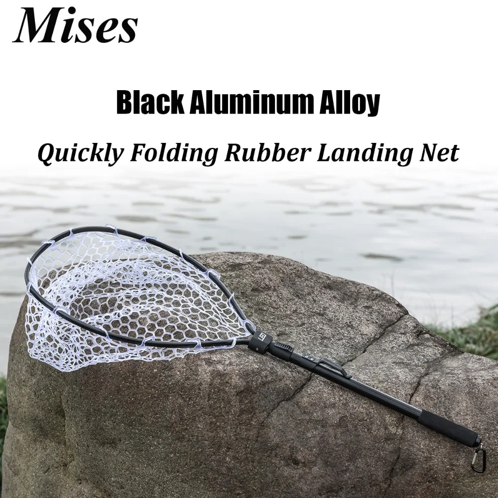 

Mises Blcak Aluminum Alloy Single Section Quickly Folding Rubber Landing Net Portable Large Mesh Fly Fishing Scoop net Dip net