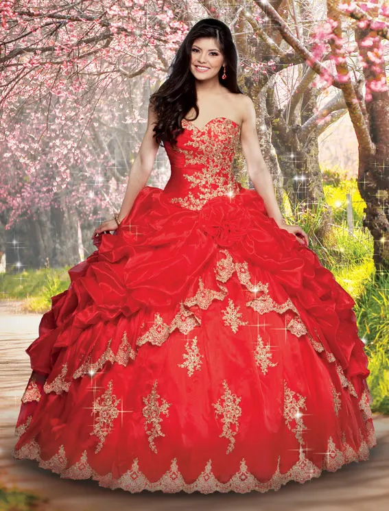 

Gold Lace Appliques Beaded Sweetheart Organza Layered Red Quinceanera Dresses Ball Gowns 2015 Vintage Gothic Masquerade Gown