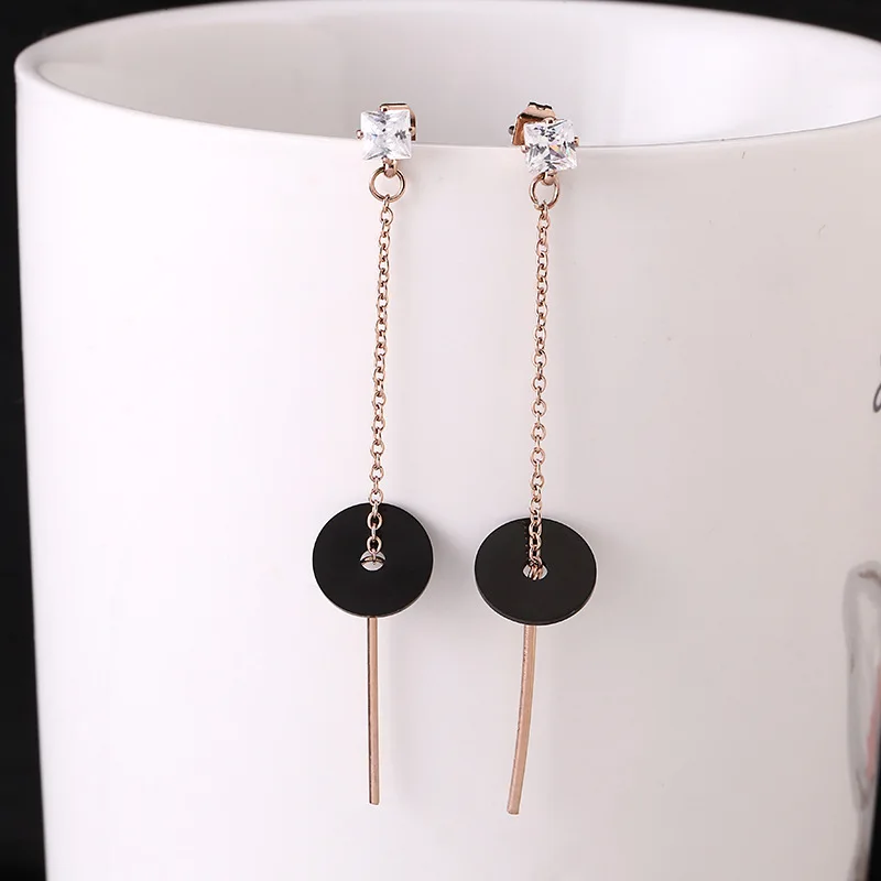 

Rose Gold Color Round Black Shell Long Stainless Steel Stud Earrings For Women Fashion Jewelry Pendientes Flecos Gift 2018