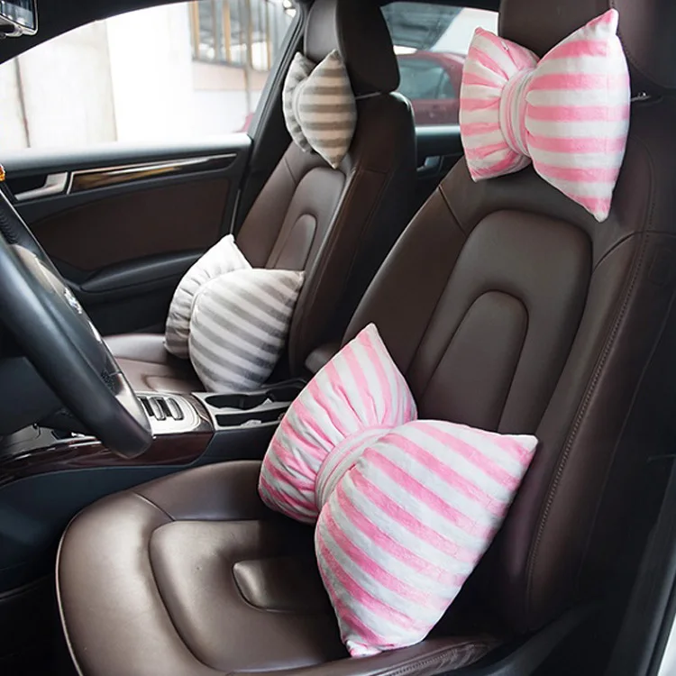 

Car Interior Pretty Striped Bow Knot Pillow Neck Waist Support Headrest Home Lovely Decorative Cushion Detachable Easy to Wash
