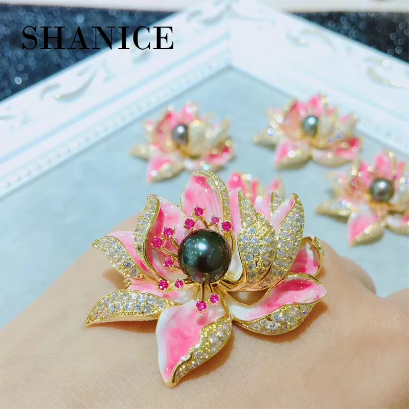 

SHANICE Fancy Style Enameled Petal Micro Pave CZ Pink Lotus Flower Brooches Gold Tone Centered Mother of Pearl Blossom Lotus Pin