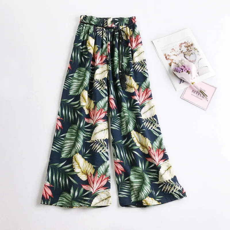 Summer Women Thin Section pants Loose Floral Trousers Cotton and Linen
