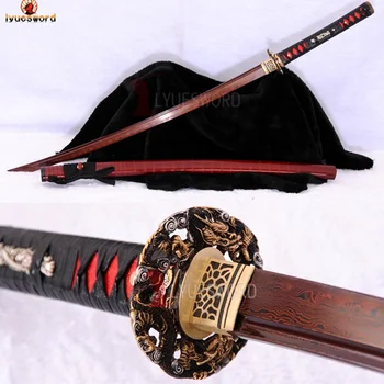 

LYUESWORD Full Tang Japanese Samurai Sword Katana Damascus Steel Clay Tempered Sharp Blade Real Hard Wooden Saya Brass Tsuba