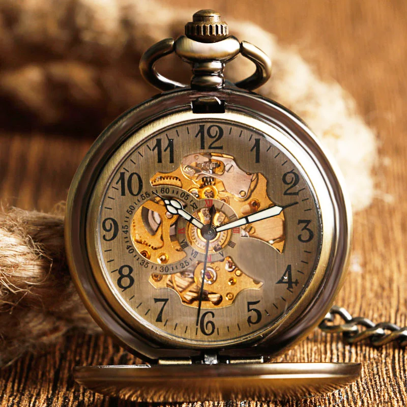 Self Wind Pocket Watch Copper Fashion Bronze Pendant Smooth Retro Skeleton Unisex Automatic Mechanical Stylish Thanksgiving