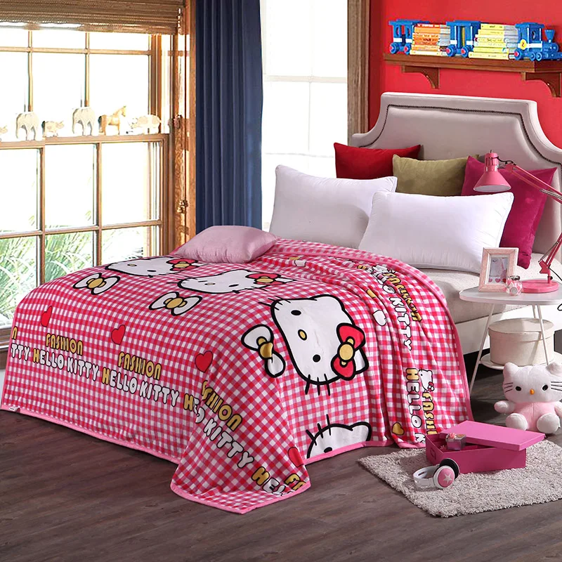 children pink hello kitty cartoon plush blanket on the bed soft sofa twin size blanket