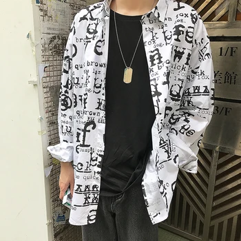 

Fashion Spring Autumn Hip Hop Men Shirt Loose Letter Printsd Cotton Shirts Long sleeve Shirts Male Social Masculina Coat XXL