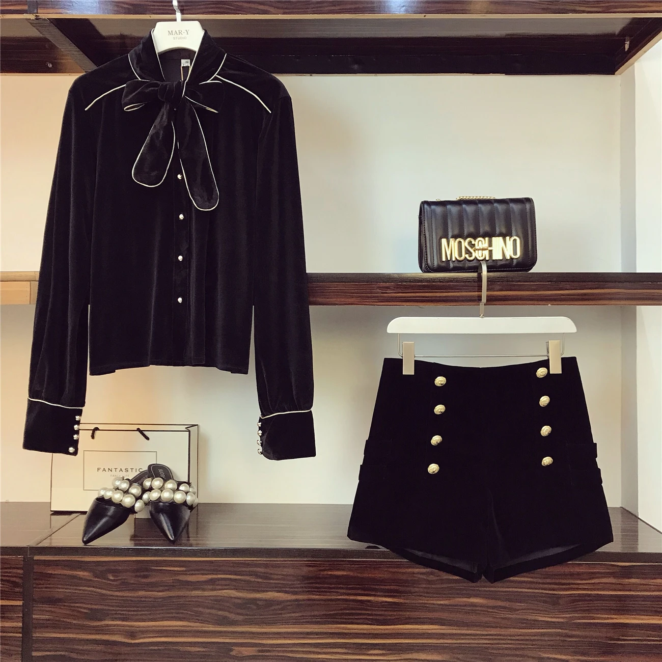 Costumes Black Définit Shorts Mode De Blouse Short Taille Breasted Manches Printemps Longues Et Étudiants À Nouveau Velours Femmes Double Haute Bow Hauts wqAT51