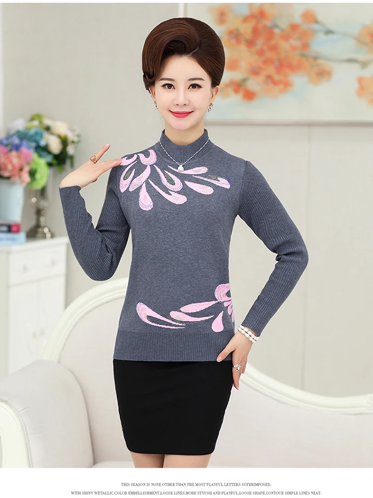 Осень зима новые женщины среднего возраста Мода пуловер свитер с длинными рукавами водолазка печати размера плюс мать вязанный Топ R647