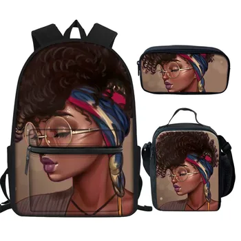 

FORUDESIGNS 3Set/pcs Large Children's School Bags African Black Art Girls Print Large Ethnic 3D Backpack Women's Laptop Backpack