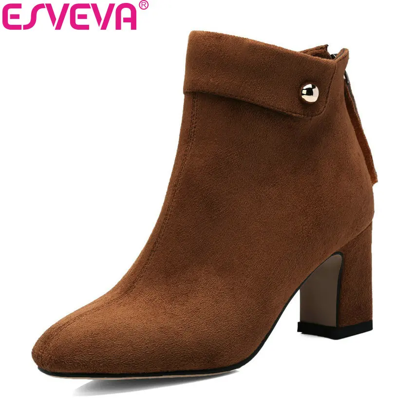 

ESVEVA 2019 Women Shoes Square High Heels Zip Round Toe Winter Boots Elegant Ankle Boots Western Style Woman Shoes Size 34-43