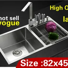 Бытовой большой Кухня ручная раковина двойной паз сделать блюда 304 нержавеющая сталь Лидер продаж 820x450 мм