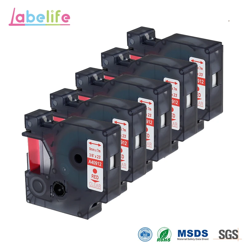 Labelife 5 Pack 40912 Red on Clear 9mm for DYMO Label Makers High