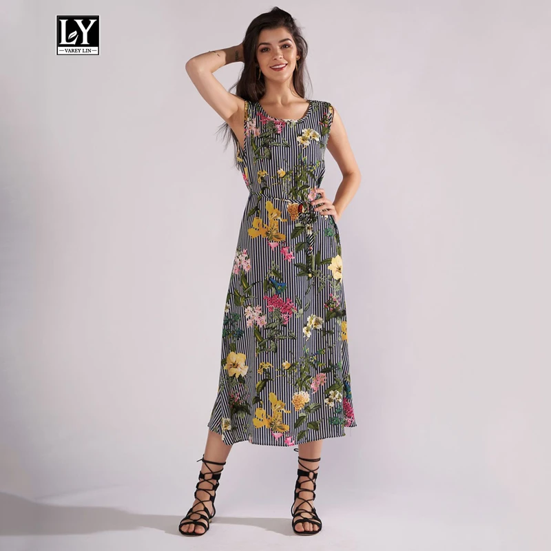 

Ly Varey Lin Summer Vintage Floral Dress Women O Neck Sleeveless Mid-calf Dress Retro Female Striped Print Sash Tie Up Dress