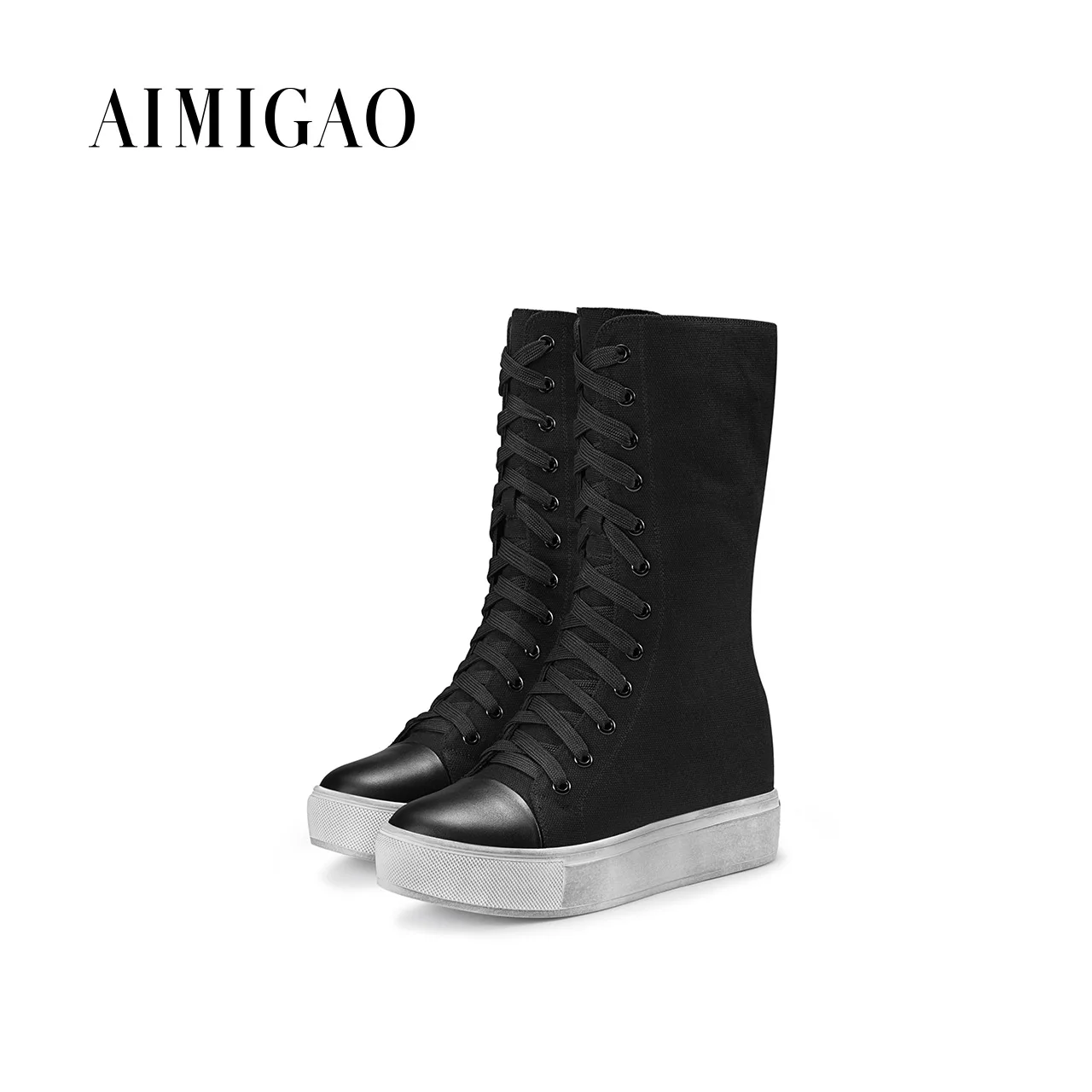 AIMIGAO Canvas Flat platform boots women Fashion Lace up work boots