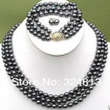 Новые настоящие 3 ряда черные жемчужные серьги браслет ожерелье наборы AA265