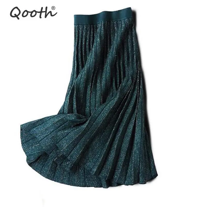 

Qooth 2019 Spring Summer Sequins Elegant Female Pleated Skirts Elastic Waist Golden Thread Knitted Women Midi Skirts QH1787