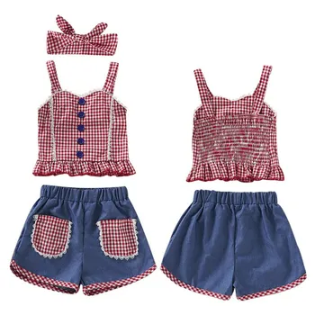 

New Summer Girls Cotton Sleeveless Red Plaid Print Vest Tops+Denim Shorts Suits with Headband Casual Outfits Sets