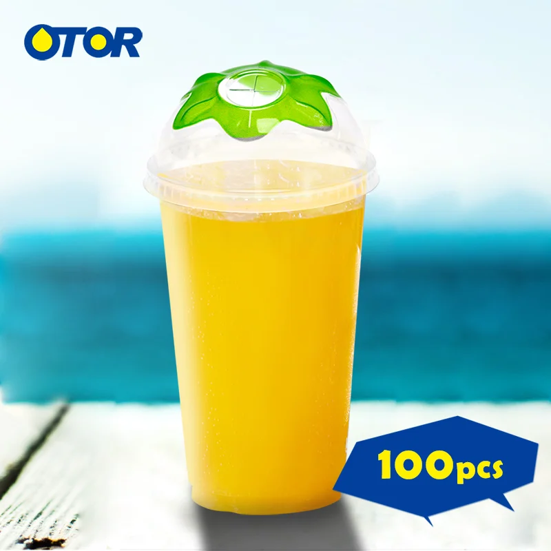 

OTOR 17oz 22oz Free Shipping Disposable Cup with Green Leaf Lid for Hot and Cold Drinks Iced Coffee Bubble Boba Smoothie 100pcs