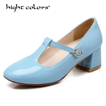 

2019 Spring Summer New Round Toe Shallow Mouth Patent leather Female high heels Large size Women Pumps Mary Jane shoes