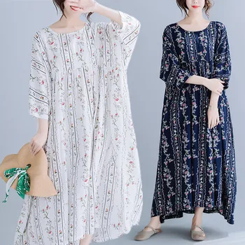 

BIG SIZE 4XL Summer Women Fashion Elegant Stripe Print Tops Female Ladies Plus Large Short Sleeve Long Cotton Casual Robe Dress