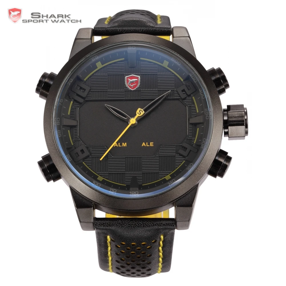 Prix pour Sawback Ange Shark Sport Montre Hommes Noir Jaune Numérique Double Mouvement 3D Logo Boîtier En Acier LED Montres En Cuir Montre-Bracelet/SH204 Prix pour Sawback Ange Shark Sport Montre Hommes Noir Jaune Numérique Double Mouvement 3D Logo Boîtier En Acier LED Montres En Cuir Montre-Bracelet/SH204