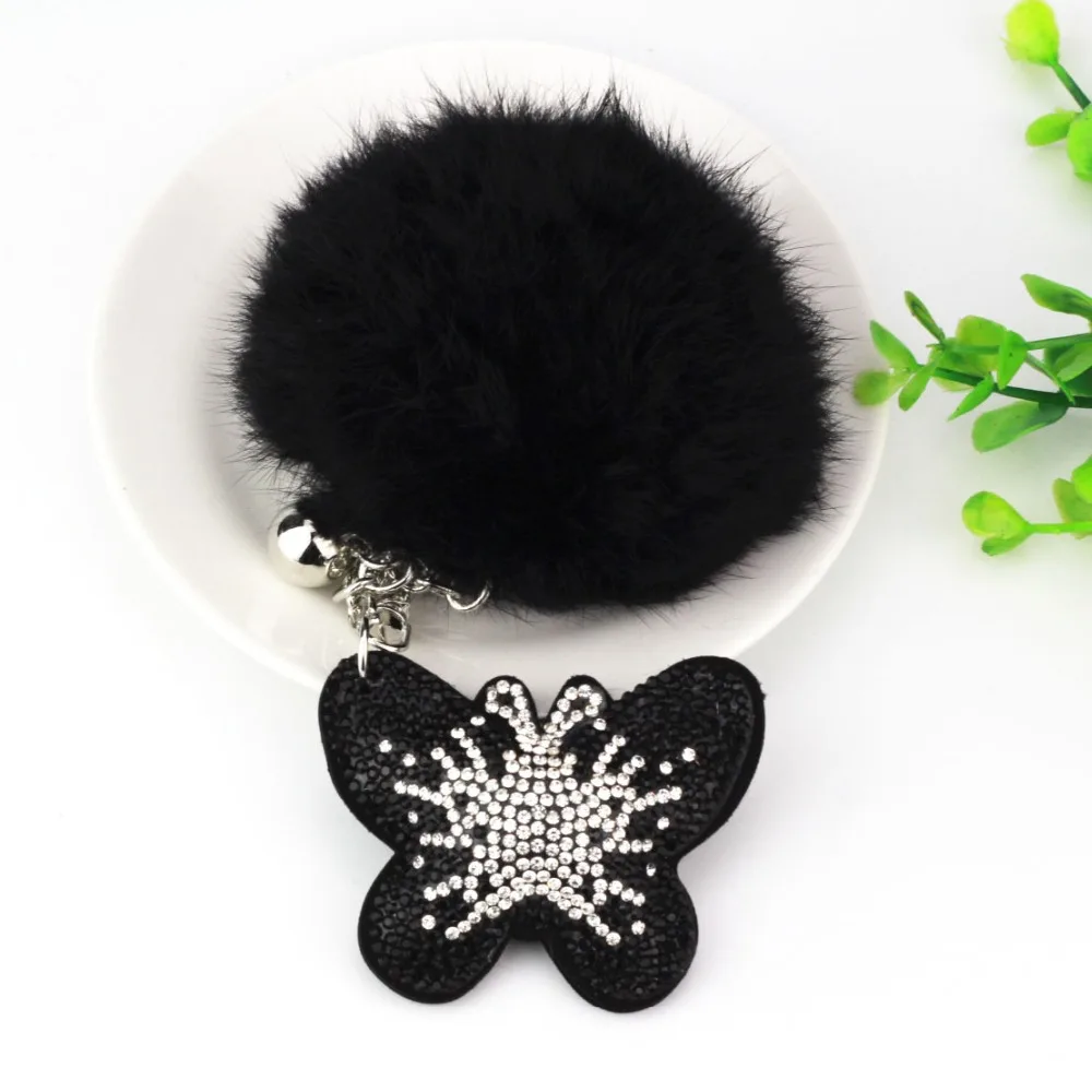 

Fashion Tassel Keychain Rabbit Fur Pom Pom 4 Color Cute Crystal Butterfly Key Chain Pompom Women Bag Car Charm Pendant