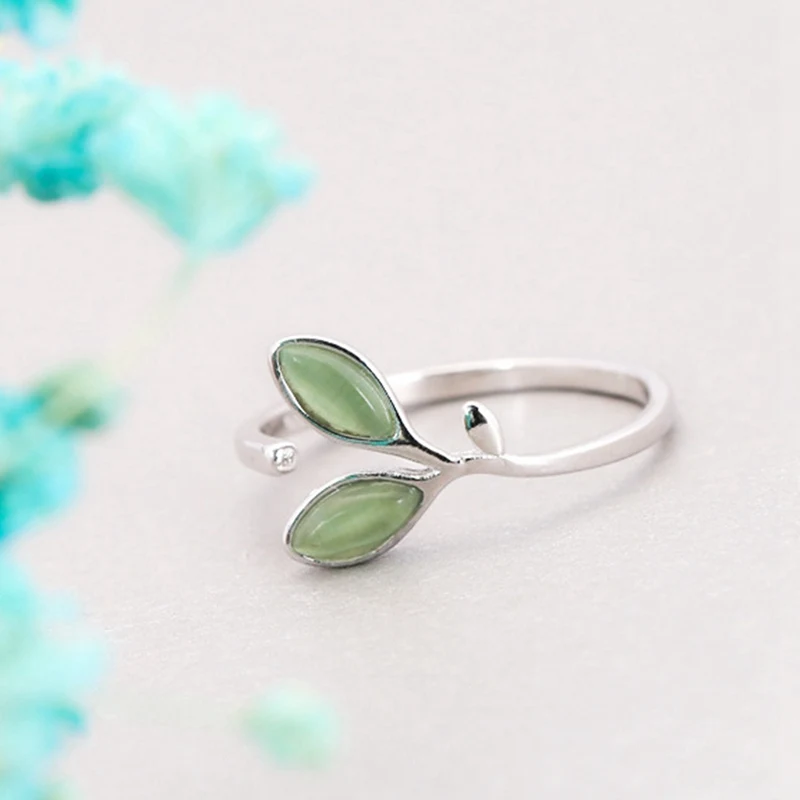 

New Wholesale Silver Ring With Adjustable Open Size Green Leaf Buds Silver Adjustable Rings Women Fashion Jewelry