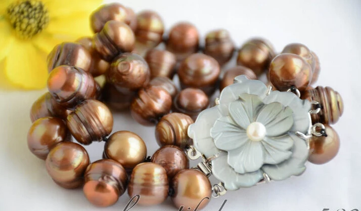 

Free shipping >>>>>>Z6561 3strands 14mm almost round coffee screw thread fw pearl bracelet 8inch