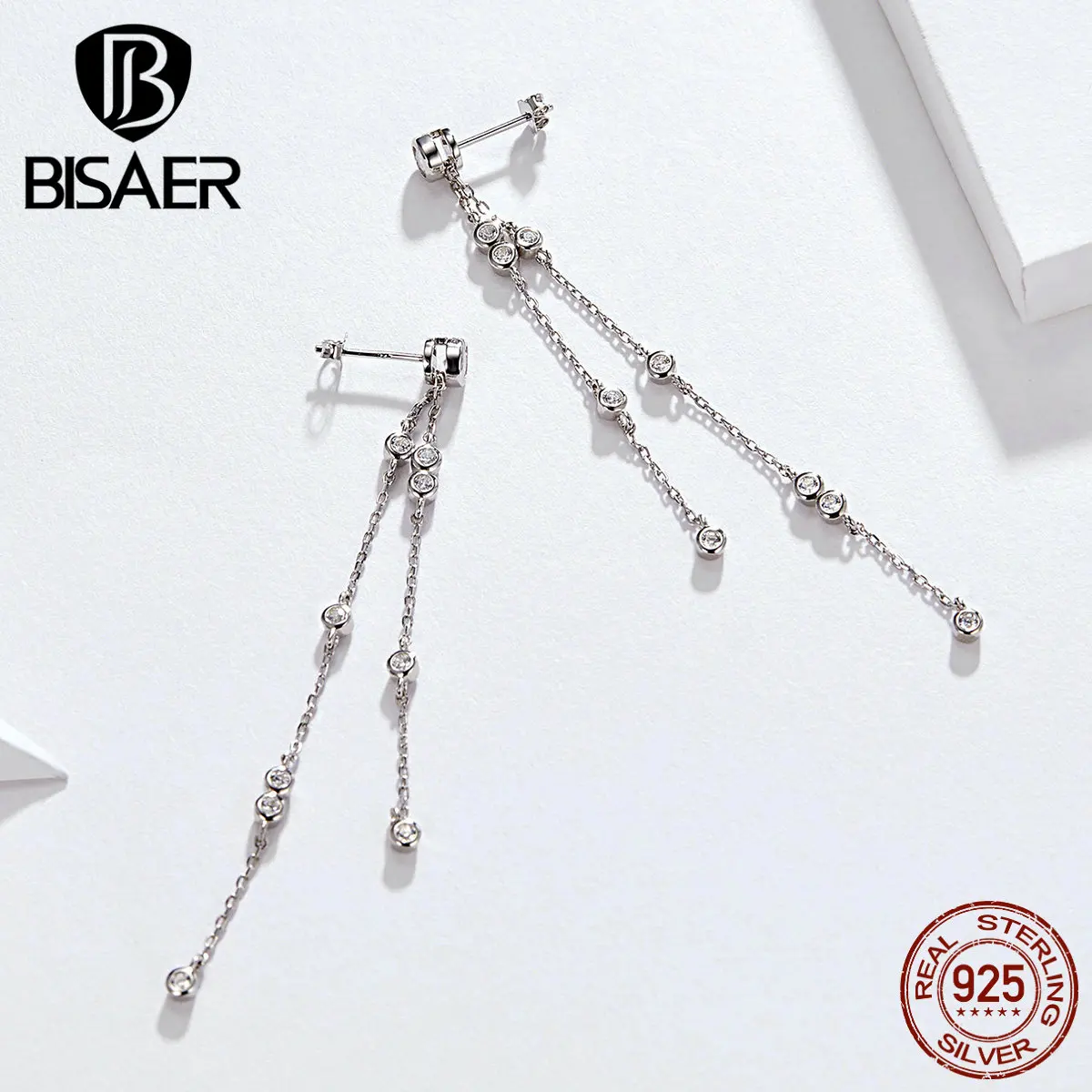 BISAER,, 925 пробы, серебряная, длинная цепочка, капелька, женские серьги, циркон, капля, пусть, серебряные серьги-гвоздики, 925, серебряное ювелирное изделие EFE102