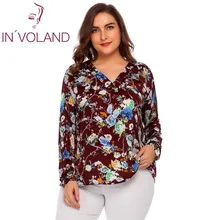 

IN'VOLAND Large Size Women T-Shirts Tops L-4XL V-Neck Long Sleeve Oversized Pullover Floral Printed Loose Tees Tshirt Plus Size